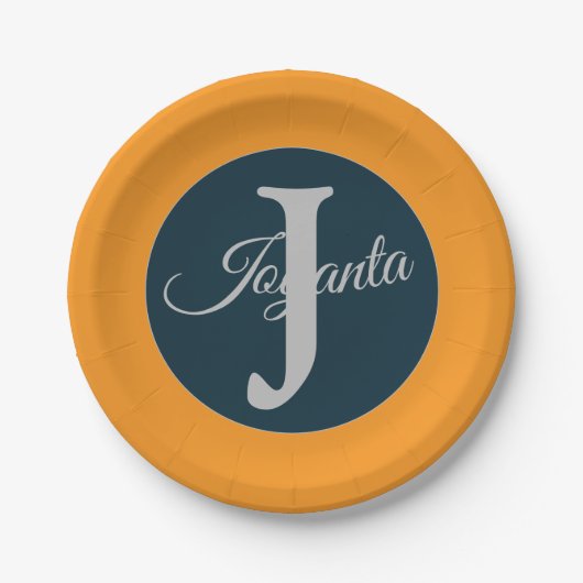 Custom  orange greay blue Monogram Elegant ペーパープレート (正面)
