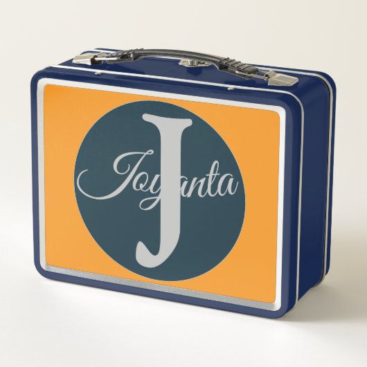 Custom  orange greay blue Monogram Elegant メタルランチボックス (裏面)