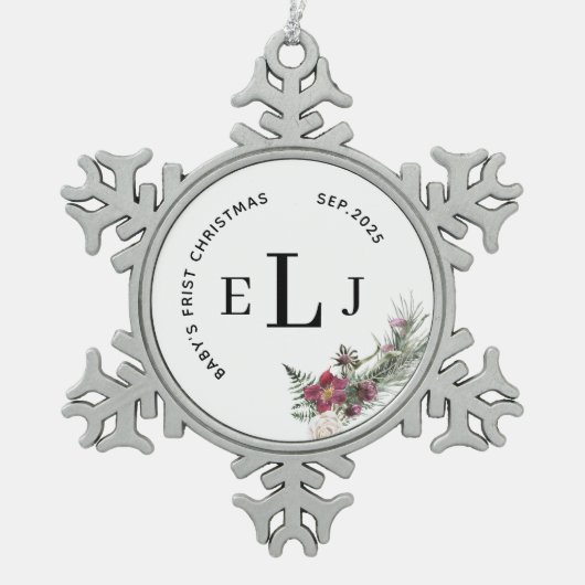 Custom Ornament for Baby's First Christmas & Date スノーフレークピューターオーナメント (正面)