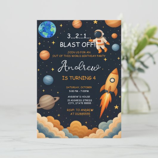 Custom Outer Boy Blast Off Rocket Ship Birthday 招待状 (スタンド正面)