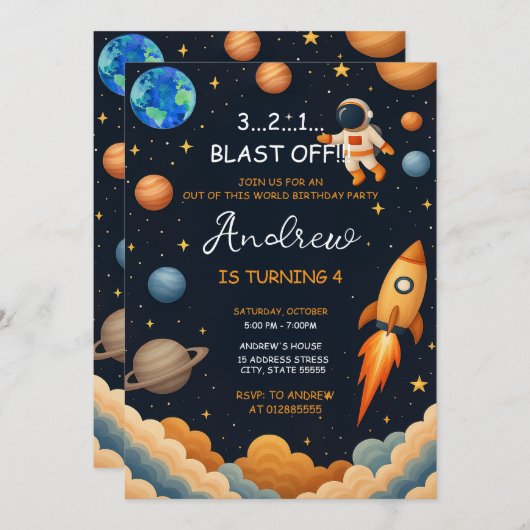 Custom Outer Boy Blast Off Rocket Ship Birthday 招待状 (正面/裏面)