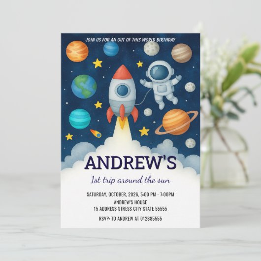 Custom Outer Space Astronaut for kid Birthday 招待状 (スタンド正面)