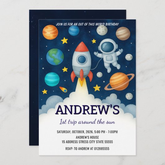 Custom Outer Space Astronaut for kid Birthday 招待状 (正面/裏面)