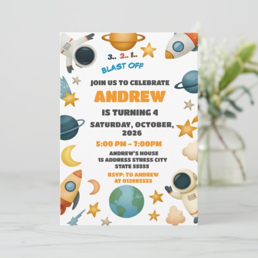 Custom Outer Space Blast Off Rocket Ship Birthday 招待状 (スタンド正面)
