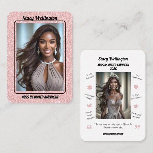 Custom Pageant Trading Cards | Rose Gold Glitter 名刺 (正面/裏面)