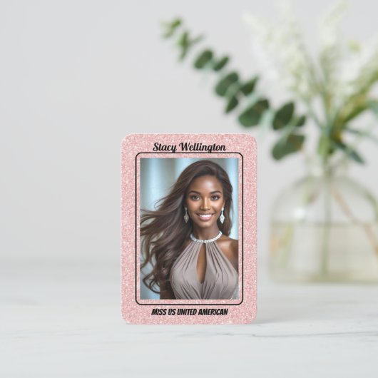 Custom Pageant Trading Cards | Rose Gold Glitter 名刺 (スタンド正面)