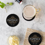 Custom Pappous' Pub Home Bar Year Established ラウンドペーパーコースター<br><div class="desc">Gift a special grandfather with these awesome custom coasters for Father's Day. Makes a great addition to grandpa's home bar setup,  featuring "Pappous' Pub" and the year established on a vintage style bar logo. All text is customizable; switch up the nickname or swap bar for pub if desired.</div>