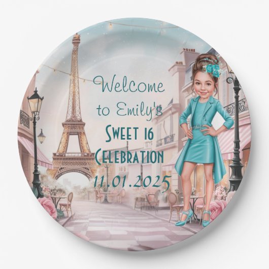 Custom Paris and Roses Sweet 16 in Paris ペーパープレート (正面)