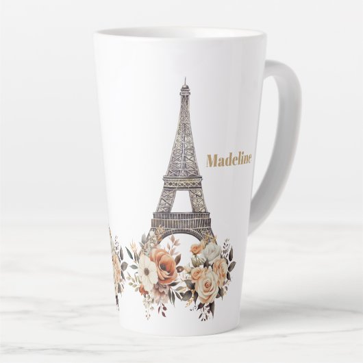 Custom Paris Eiffel Tower Beautiful Floral カフェラテマグ (右アングル)