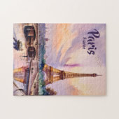 Custom Paris France Eiffel Tower Sunset Watercolor ジグソーパズル (横)