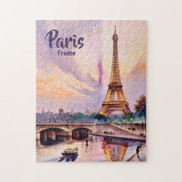 Custom Paris France Eiffel Tower Sunset Watercolor ジグソーパズル