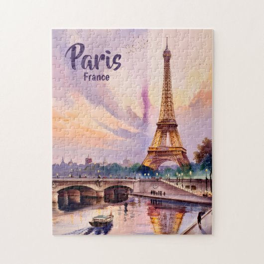 Custom Paris France Eiffel Tower Sunset Watercolor ジグソーパズル (縦)