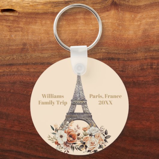 Custom Paris Trip Eiffel Tower Floral キーホルダー (裏面)