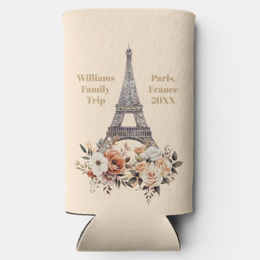 Custom Paris Trip Eiffel Tower Floral スリム缶クーラー (裏面)