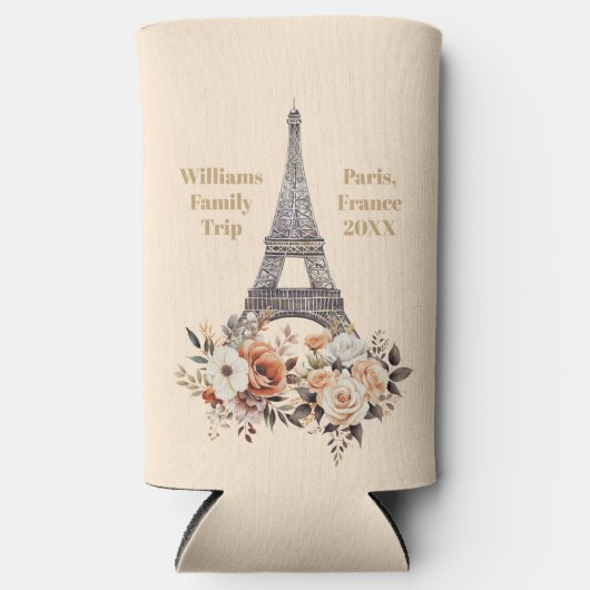 Custom Paris Trip Eiffel Tower Floral スリム缶クーラー (正面)