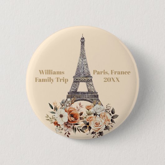 Custom Paris Trip Eiffel Tower Floral 缶バッジ (正面)