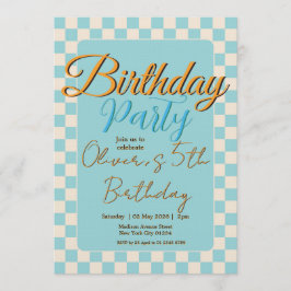 Custom Pastel Blue Checkered Birthday Party 招待状