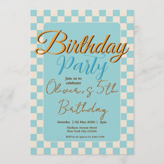Custom Pastel Blue Checkered Birthday Party 招待状 (正面)