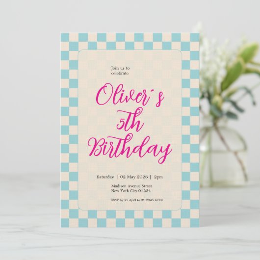 Custom Pastel Blue Checkered Birthday Party 招待状 (スタンド正面)