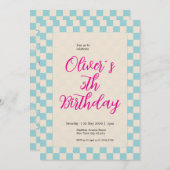 Custom Pastel Blue Checkered Birthday Party 招待状 (正面/裏面)