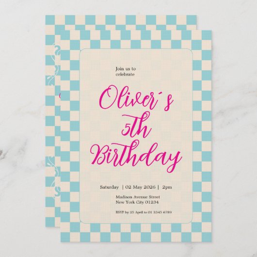 Custom Pastel Blue Checkered Birthday Party 招待状 (正面/裏面)