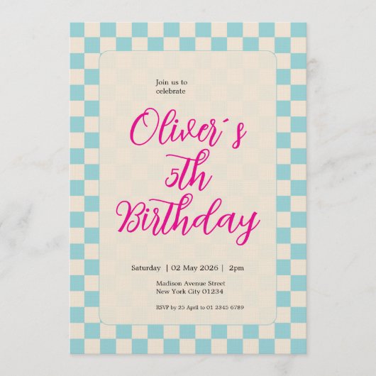Custom Pastel Blue Checkered Birthday Party 招待状 (正面)