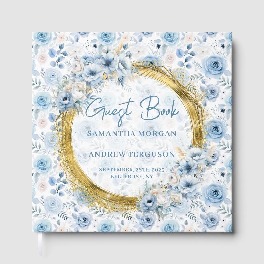Custom Pastel Blue Gold Glitter Wedding Guest Book ゲストブック (正面)