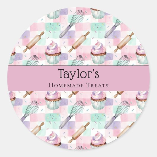 Custom Pastel Cupcake Topper Name Sticker Sheet ラウンドシール (正面)