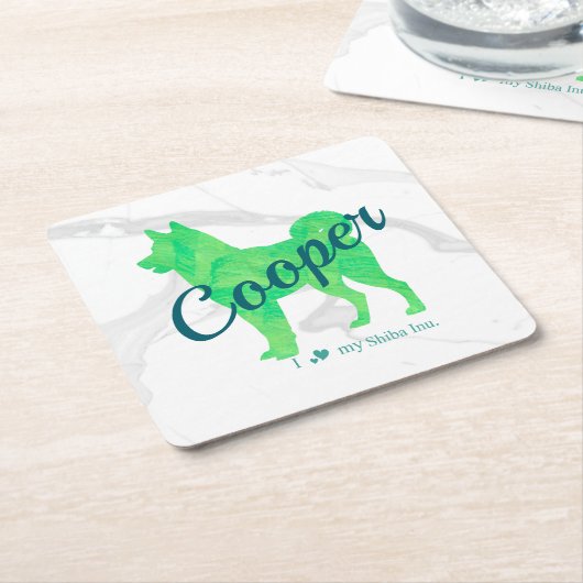 Custom Pastel Green Shiba Inu Silhouette Coaster スクエアペーパーコースター (アングル)