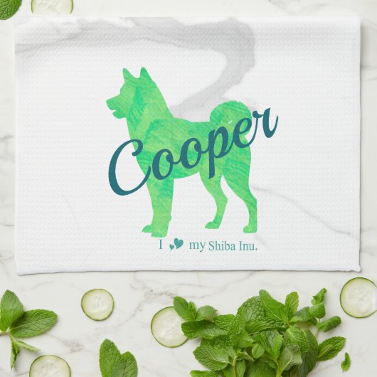 Custom Pastel Green Shiba Inu Silhouette Towel キッチンタオル (折り畳み)