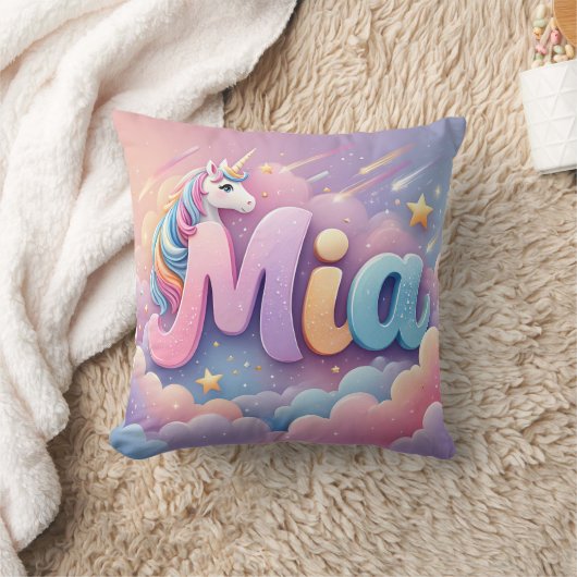 Custom Pastel Unicorn Name Pillow クッション (ブランケット)