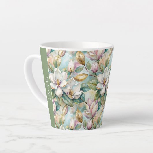 Custom Pattern Elegant Magnolia Flowers カフェラテマグ (左アングル)