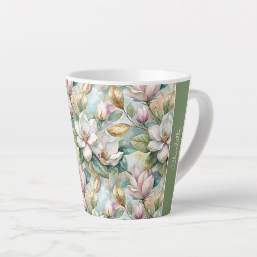 Custom Pattern Elegant Magnolia Flowers カフェラテマグ (右アングル)