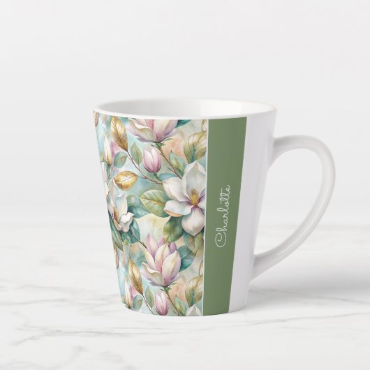 Custom Pattern Elegant Magnolia Flowers カフェラテマグ (右)