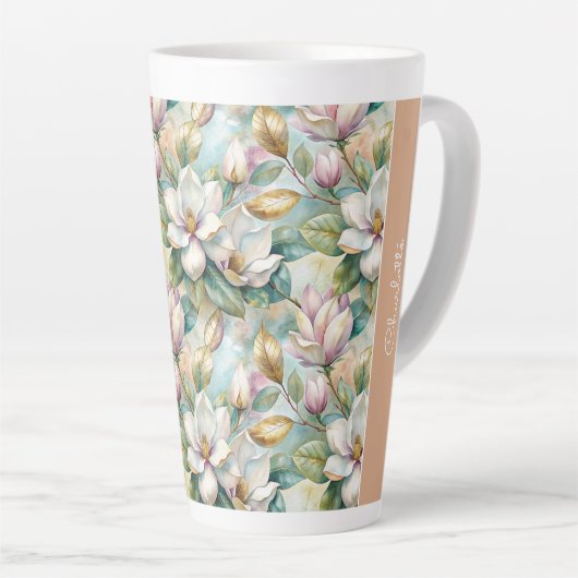 Custom Pattern Elegant Magnolia Flowers カフェラテマグ (右アングル)