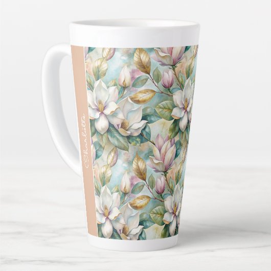 Custom Pattern Elegant Magnolia Flowers カフェラテマグ (左アングル)