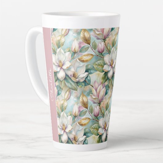Custom Pattern Elegant Magnolia Flowers カフェラテマグ (左アングル)