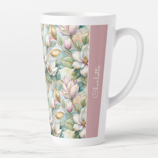 Custom Pattern Elegant Magnolia Flowers カフェラテマグ (右)