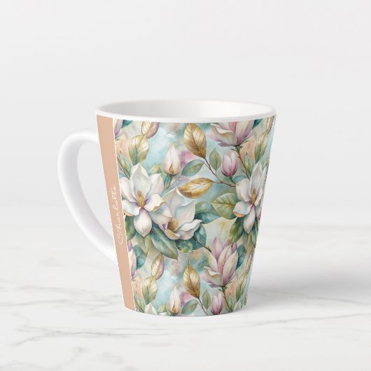 Custom Pattern Elegant Magnolia Flowers カフェラテマグ (左アングル)