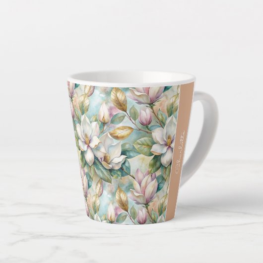Custom Pattern Elegant Magnolia Flowers カフェラテマグ (右アングル)