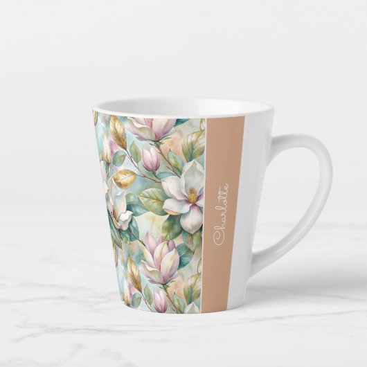 Custom Pattern Elegant Magnolia Flowers カフェラテマグ (右)