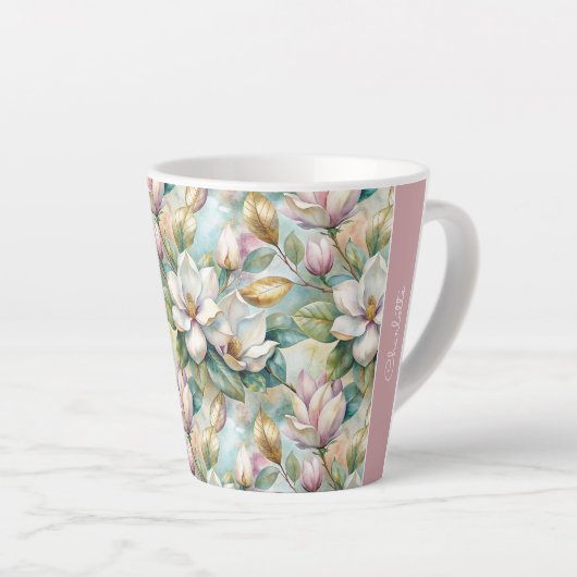 Custom Pattern Elegant Magnolia Flowers カフェラテマグ (右アングル)