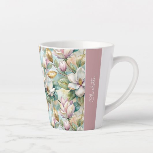 Custom Pattern Elegant Magnolia Flowers カフェラテマグ (右)