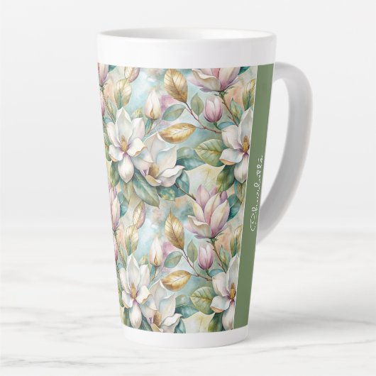Custom Pattern Elegant Magnolia Flowers カフェラテマグ (右アングル)