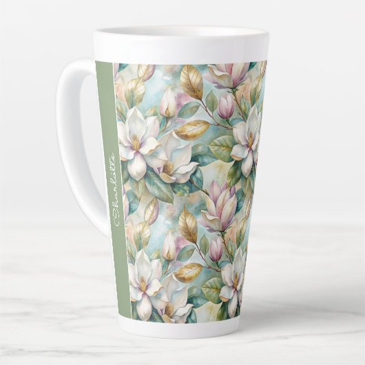 Custom Pattern Elegant Magnolia Flowers カフェラテマグ (左アングル)