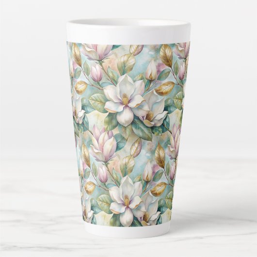 Custom Pattern Elegant Magnolia Flowers カフェラテマグ (正面)