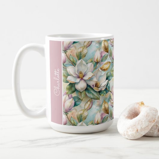 Custom Pattern Elegant Magnolia Flowers コーヒーマグカップ (ドーナツ)