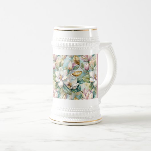 Custom Pattern Elegant Magnolia Flowers ビールジョッキ (正面右)