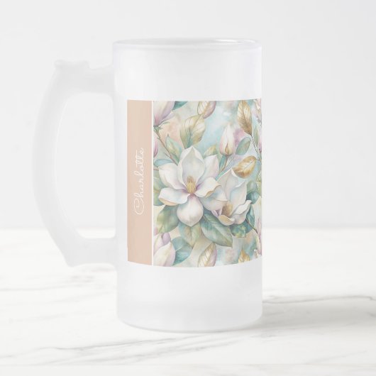 Custom Pattern Elegant Magnolia Flowers フロストグラスビールジョッキ (左)