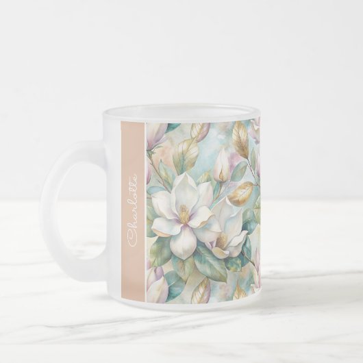 Custom Pattern Elegant Magnolia Flowers フロストグラスマグカップ (左)
